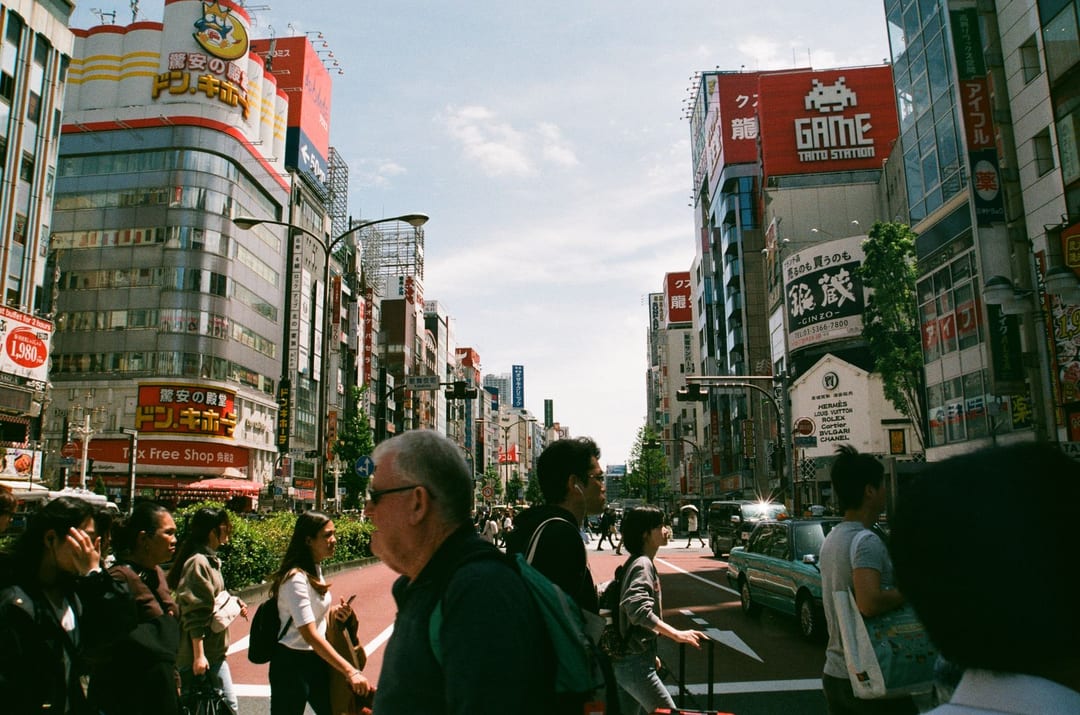Wide view of a busy junction in soft light