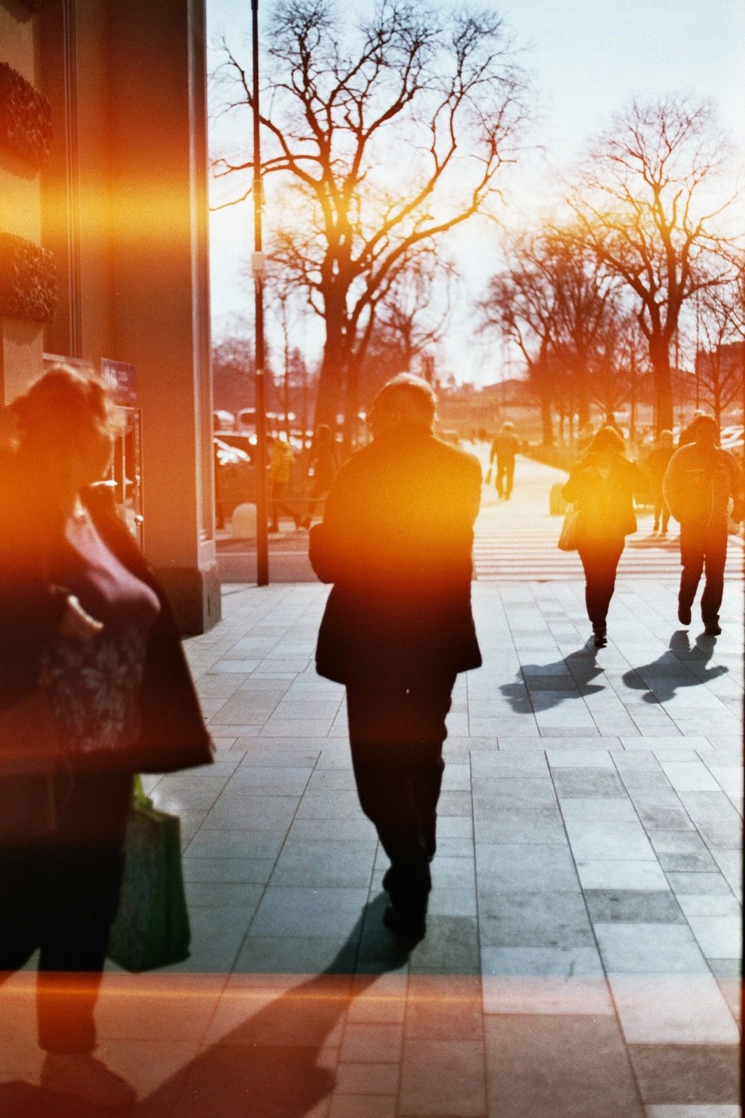Silhouettes walking into low golden sunlight